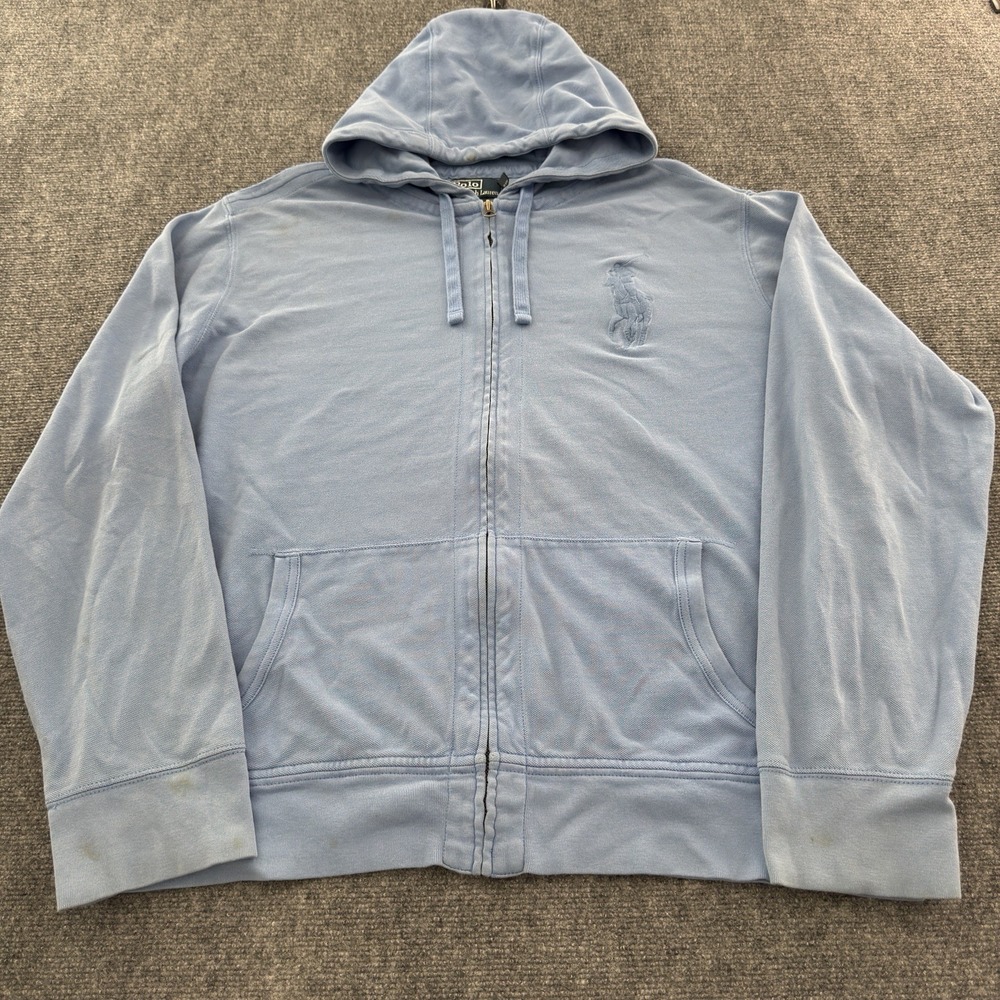 Polo Ralph Lauren Mens XXL Light Blue Pique Big Pony Full Zip Hoodie Sweatshirt